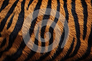Tiger skin texture with copy space. Close-up tiger pattern. Tiger design texture. Detailed tiger skin close-up photo