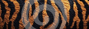 Tiger skin texture with copy space. Close-up tiger pattern. Tiger design texture. Detailed tiger skin close-up photo