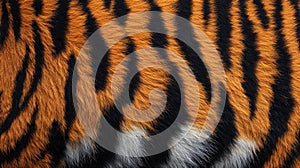 Tiger skin texture with copy space. Close-up tiger pattern. Tiger design texture. Detailed tiger skin close-up photo
