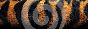 Tiger skin texture with copy space. Close-up tiger pattern. Tiger design texture. Detailed tiger skin close-up photo