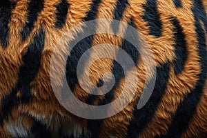 Tiger skin texture with copy space. Close-up tiger pattern. Tiger design texture. Detailed tiger skin close-up photo