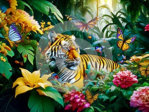A tiger sleeps peacefully in the jungle among tropical flowers and butterflies