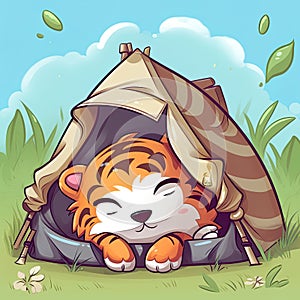Tiger sleeps in tent, cartoon chibi style, AI generative