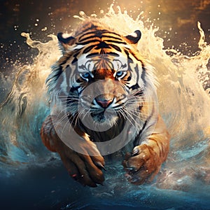 Tiger with splash river Action wildlife scene with wild nature Tiger running in the water