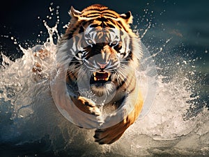 Tiger with splash river water. Action wildlife scene with wild cat in nature habitat. Tiger running in the water. Danger animal