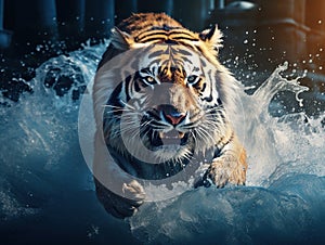 Tiger with splash river water. Action wildlife scene with wild cat in nature habitat. Tiger running in the water. Danger animal