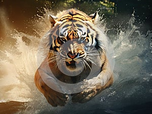 Tiger with splash river water. Action wildlife scene with wild cat in nature habitat. Tiger running in the water. Danger animal