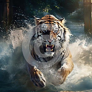 Tiger with splash river water. Action wildlife scene with wild cat nature habitat. Tiger running in the water