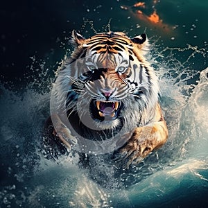 Tiger with splash river water. Action wildlife scene with wild cat nature habitat. Tiger running in the water