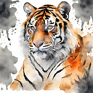 Tiger on splashed in brown paint white background, watercolor illustration.