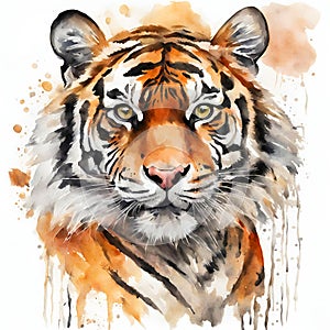 Tiger on splashed in brown paint white background, watercolor illustration.