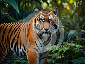 A tiger is standing in the jungle with the eyes open