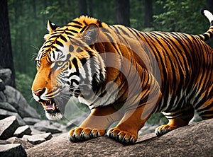 A tiger standing on a rocky outcropping, looking out into the distance. photo
