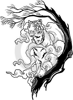 Tiger standing on the tree with steam cloud design for illustration ink drawing tattoo motif