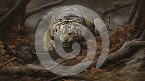 Tiger stealthily moving through dense jungle foliage to hunt for prey, wildlife illustration photo