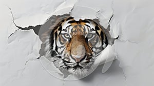 Tiger sticking its head out of a tear in white paper