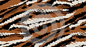 Tiger stripes nature seamless pattern. Hand drawn zoo animal print silhouettes, doodle line art, half tones brown black