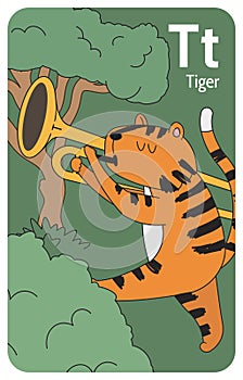 Tiger T letter. A-Z Alphabet collection with cute cartoon animals in 2D. Tiger going among trees and playing trombone