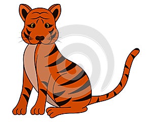 Tiger. Tabby kitten. Symbol of the year. A ginger animal with black stripes. Colored vector illustration. Fairytale character