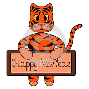 Tiger. A tiger cub holds a poster with a wish in its paws. Happy New Year. Tabby kitten. Symbol of the year. A ginger animal with