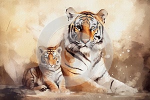 Tiger and tiger cub, watercolor painting on textured paper. Digital watercolor painting