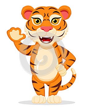 Tiger, tigress stands and waves her paw on a white. Isolated, character