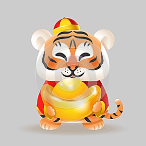 Tiger with traditional Chinese costume and ingot - celebrate Chinese New Year of Tiger - vector illustration isolated