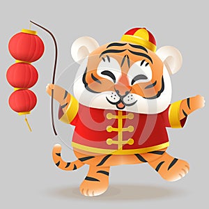 Tiger with traditional Chinese costume and lantern - celebrate Chinese New Year - Year of Tiger - vector illustration isolated