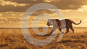 A tiger traverses the plain, its path a simple straight line across the flat landscape