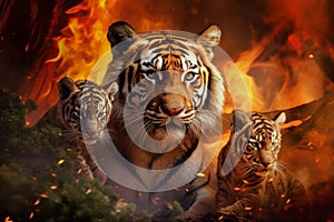 A tiger and two cubs stand in front of a raging fire as they flee the forest blaze