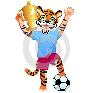 A tiger in uniform standing on the ball and cheering with goblet