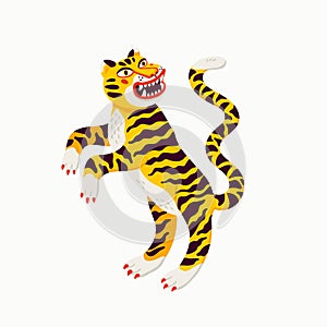 Tiger vector illustration, cartoon yellow tiger rampant on white background. Organic flat style vector illustration