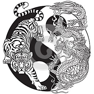 Tiger versus Chinese dragon in the yin yang symbol. Black and white