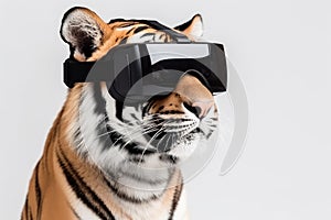 Tiger With Virtual Glasses On White Background. Generative AI