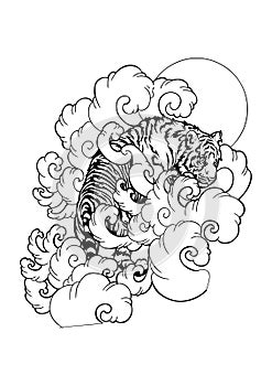 Tiger walk in cloud oriental Japanese or Chinese tattoo doodle illustration