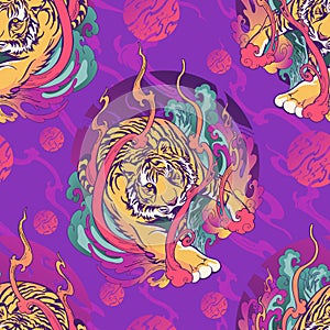 Tiger walk in fire and smoke wind design tattoo seamless pattern