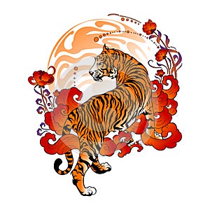 Tiger walk with flower and cloud to the sun design with Japanese or Chinese oriental style