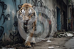 tiger walk on street AI generated