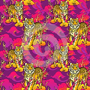 Tiger walking on fire and cloud illustration Japanese or Chinese  oriental  with purple pink tone seamless pattern background