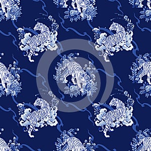 Tiger walking in Flower bush illustration doodle Porcelain with Color gradation Chinese brush Porcelain blue tone and indigo blue