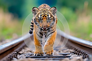 A small tiger walking on a train track