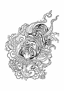 Tiger walks on a cloud with smoke flare around it like walking in heaven. A doodle drawing design for Oriental Japanese or tattoo photo