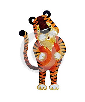 Tiger - watercolor cute cartoon character. Hand drawn illustration