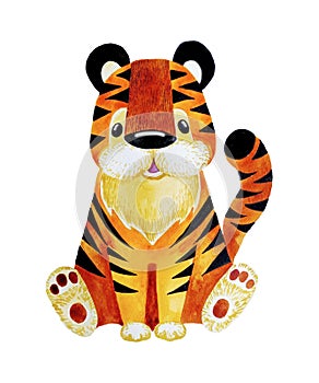 Tiger - watercolor cute cartoon character. Hand drawn illustration