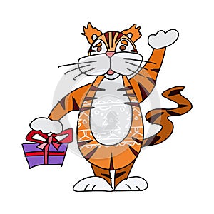 Tiger waving hand holding a gift with a bow doodle