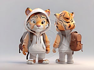 The tiger wearing a hoodie and backpack, 3D, cartoon concept