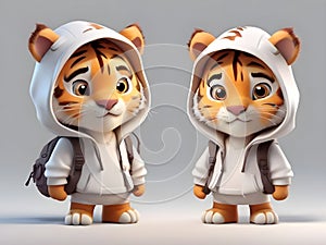 The tiger wearing a hoodie and backpack, 3D, cartoon concept