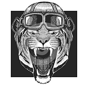 Tiger, wild cat wearing aviator hat. Print for children clothes, tee, t-shirt. Pilot wild animal