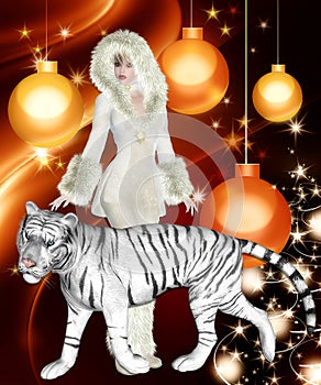 Tiger Woman on Orange Christmas Background