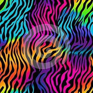 Tiger or zebra fur repeating texture.Jungle animal skin stripes. Seamless bright neon colorful pattern